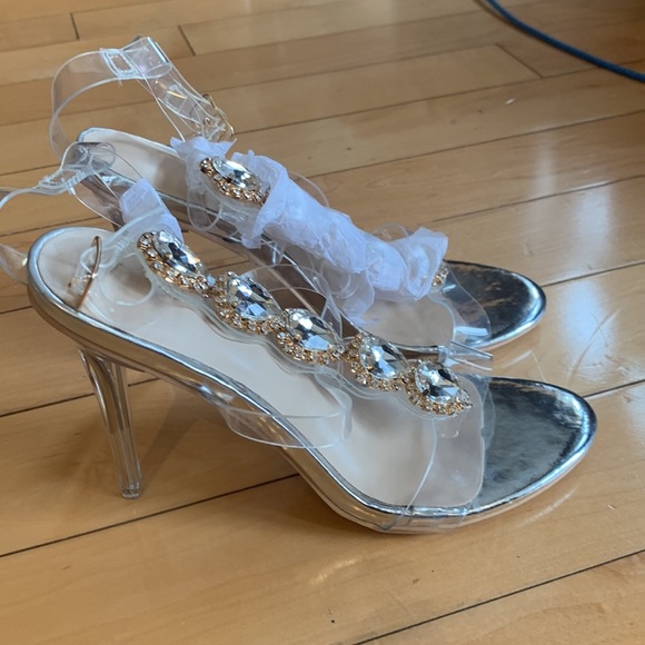 Stilettos Clear Ankle Strap Crystals Embellished Heels Women Size 9 - Picture 12 of 16